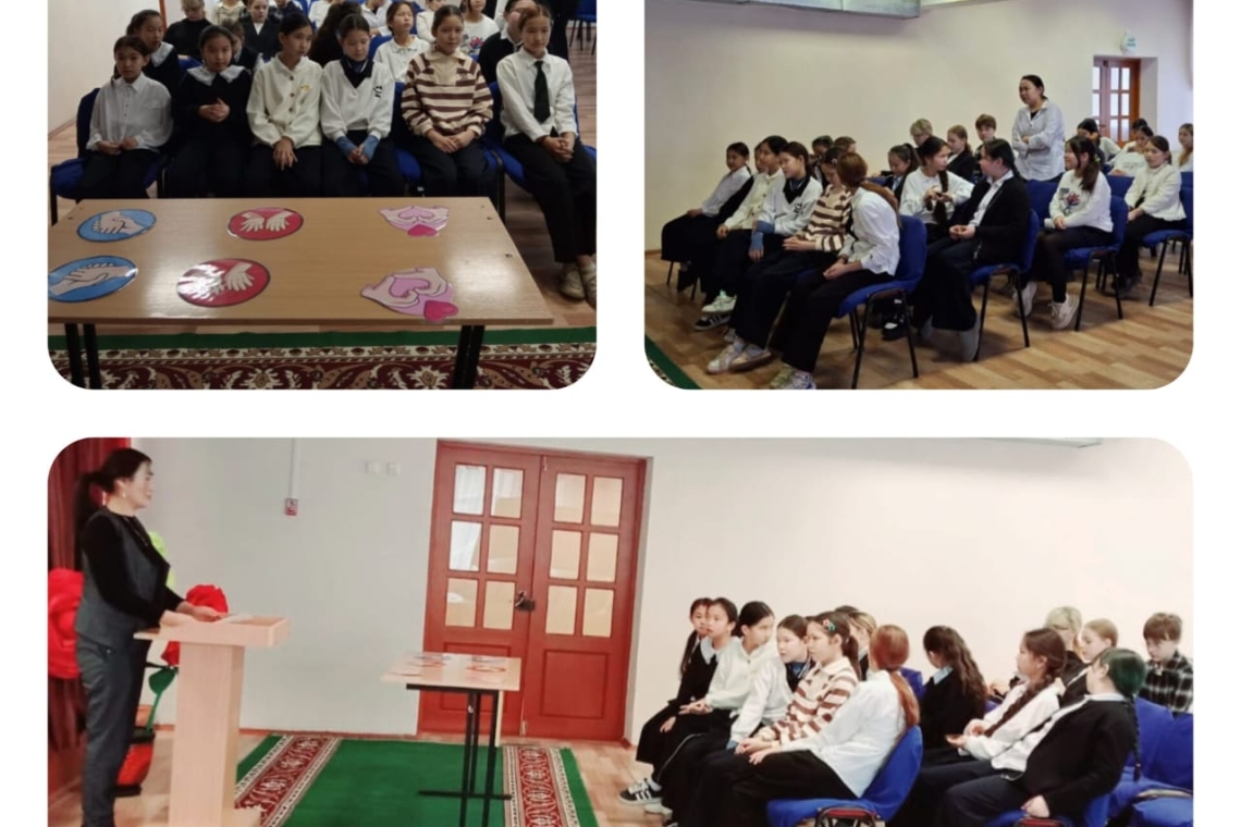 16 күндік гендерлік зорлық-зомбылыққа қарсы белсенді іс-қимылдар акциясының жоспарына сәйкес 5–11 сынып қыздарымен «Қыздардың қауіпсіз мінез-құлқы» тақырыбында әлеуметтік ұстаз О.К.Бекпаева түсіндірме әңгіме жүргізілді